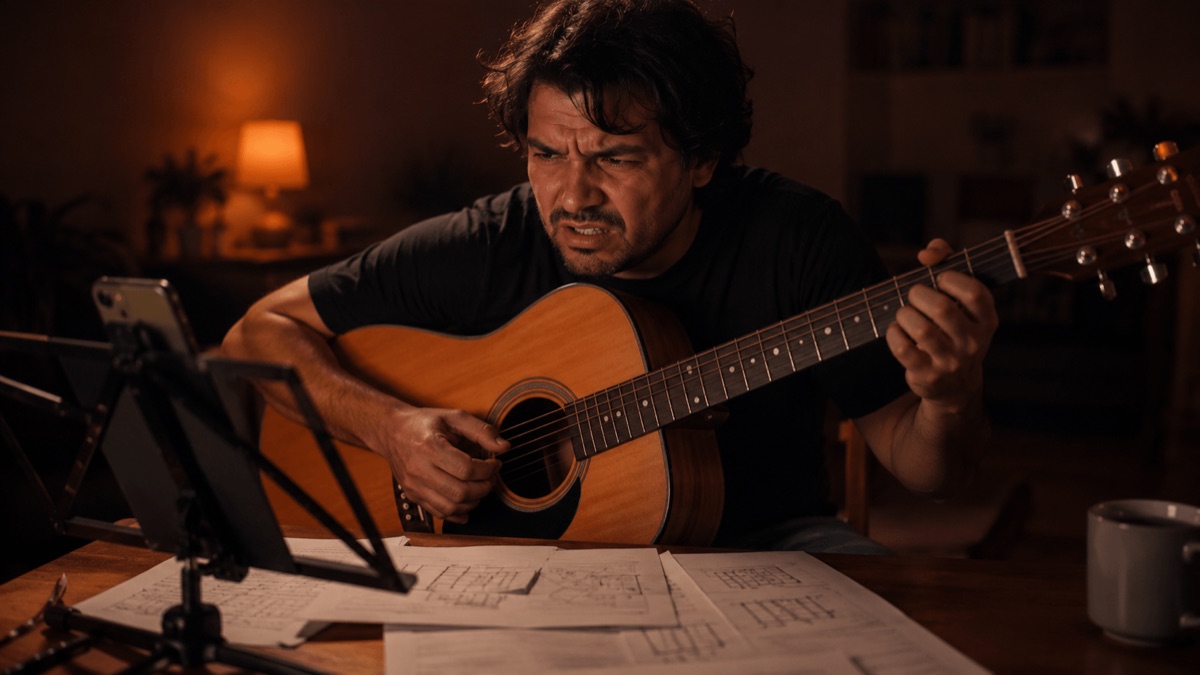 Homem estudando viola em casa, à noite